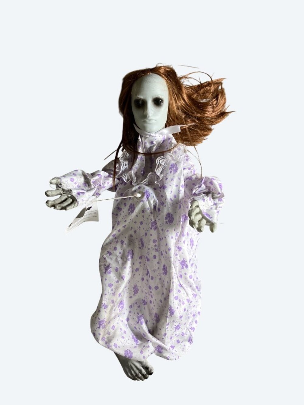 Haunted-Look Creepy Doll With Long Red Hair Purple Floral Dress Halloween Decor